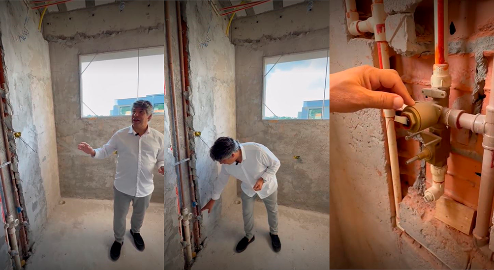 Projeto: Meneghisso & Pasquotto Arquitetura | Em vistoria de obra, o arquiteto Alexandre Pasquotto avalia toda a execução da hidráulica antes do fechamento das paredes do banheiro