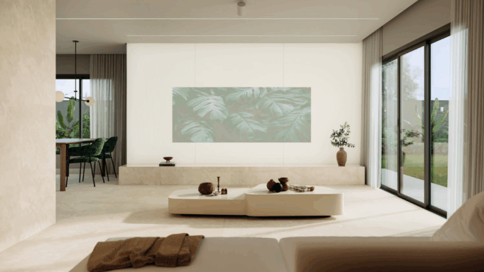 Porta de vidro preserva conexão visual mantendo sensação de amplitude contínua – Foto: Portinari