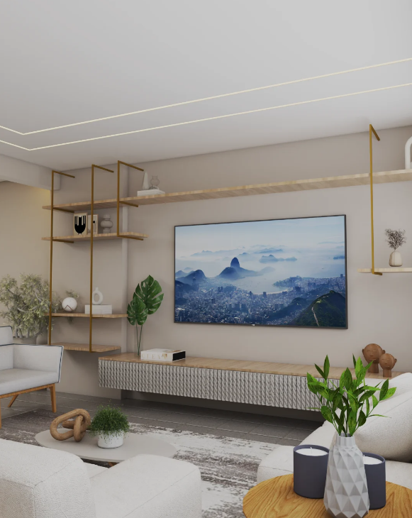 Sala ganha funcionalidade com prateleiras que organizam e decoram ao mesmo tempo – Foto/Projeto: Camila Libório Cavalcanti