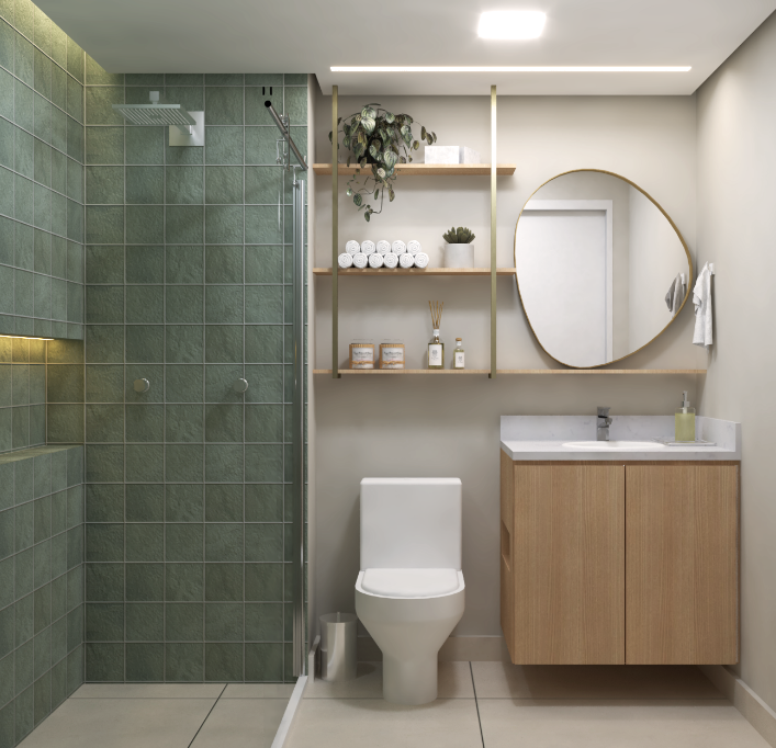 No banheiro, prateleiras de madeira precisam de tratamento contra umidade – Foto/Projeto: Carina Rosário