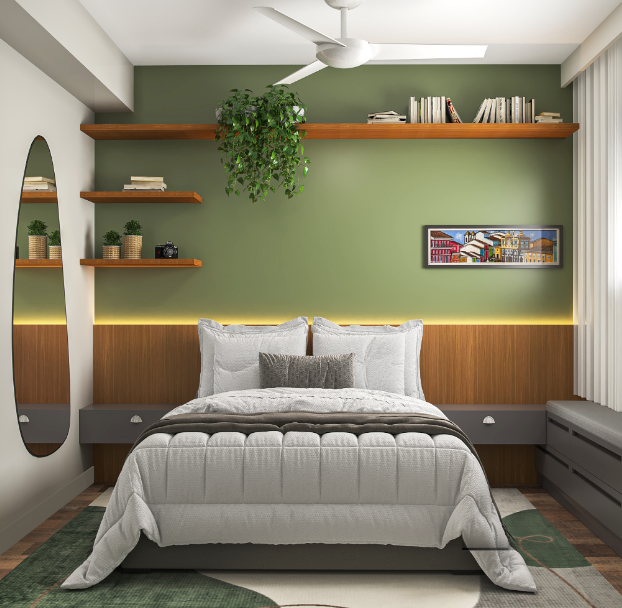 5. Verde oliva traz sensação de calma, aconchego e descanso – Foto: Render/Projeto: Arquiteto Matheus Costa