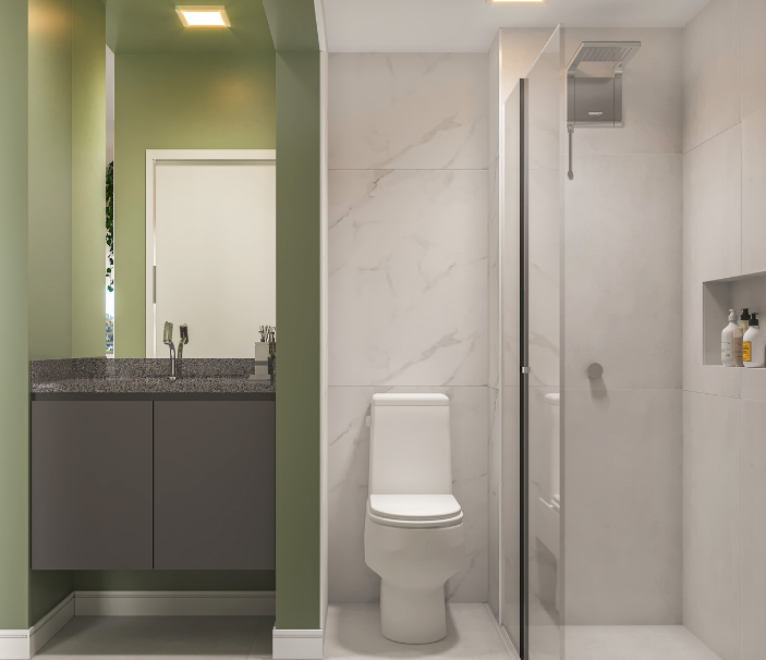 7. No banheiro, prefira tons claros para manter a sensação de amplitude visual – Foto: Render/Projeto: Arquiteto Matheus Costa