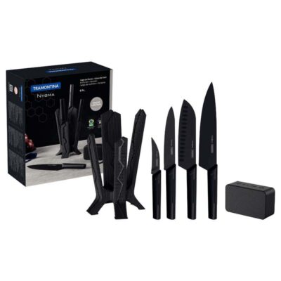 Jogo Facas Nygma Lamina Aco Inox E Cabos Polipropileno Preto Suporte E Caixa Som 6Pecas