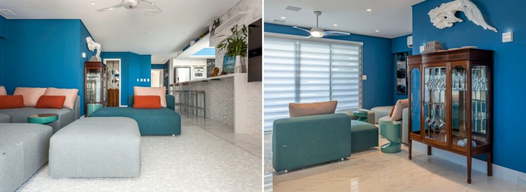 Projeto: Cristiane Schiavoni Arquitetura | A cristaleira antiga carrega memórias afetivas e estabelece um elo entre o passado da moradora e o novo momento do casal.