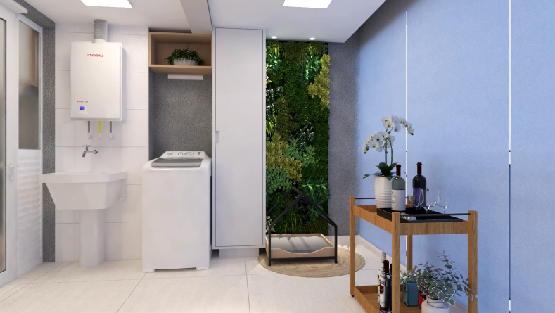 Na lavanderia, nichos de MDF acomodam plantas e decoram o ambiente – Foto: Render | Projetos: Carina Rosário