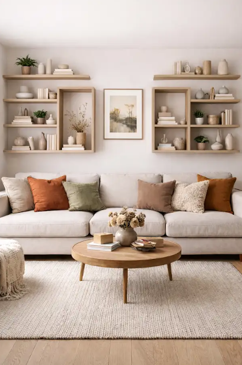 Nichos e prateleiras de madeira criam composição elegante na sala – Foto: IA generativa