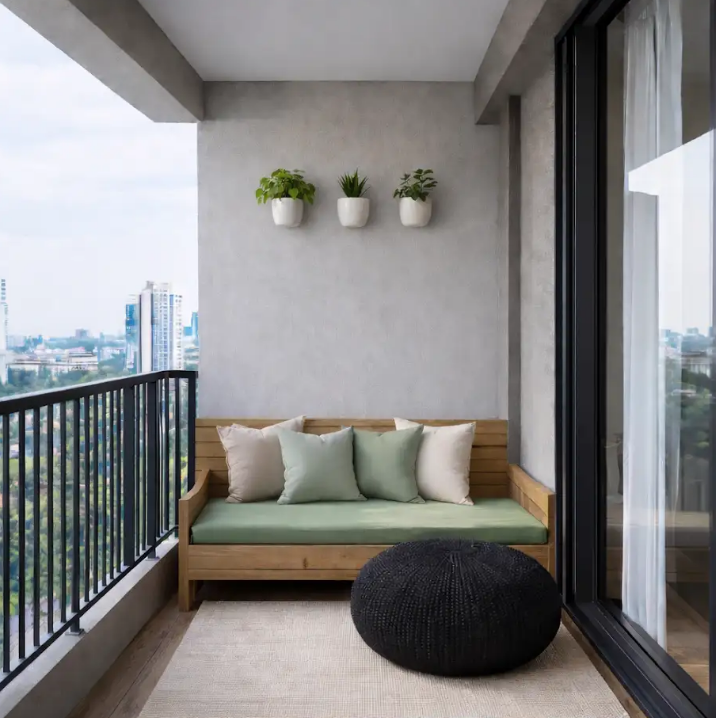 Puff preto na varanda traz contraste e deixa o cantinho mais equilibrado – Foto: IA generativa