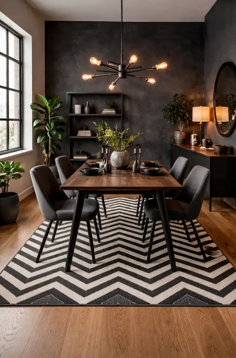 O tapete chevron também pode ser usado em salas de jantar – Foto: AI generativa