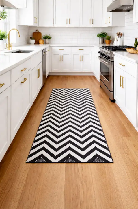 O tapete chevron na cozinha aparece no formato de passadeira – Foto: AI generativa