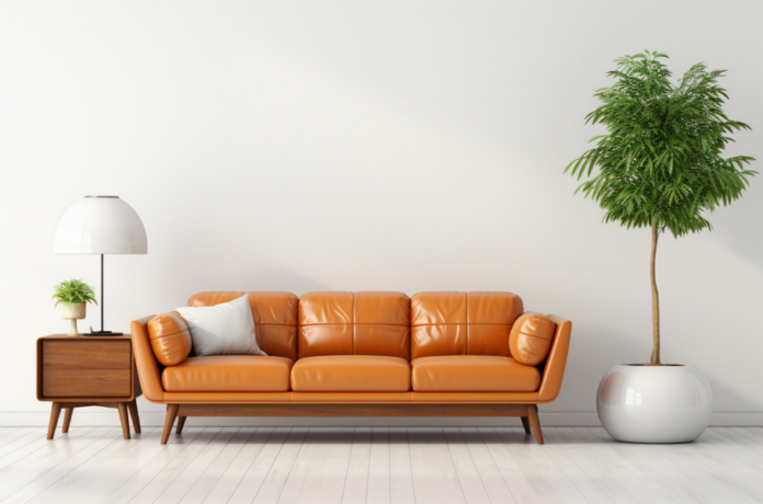 Sofá de cor quente com parede neutra é uma combinação que dificilmente decepciona – Foto: Freepik