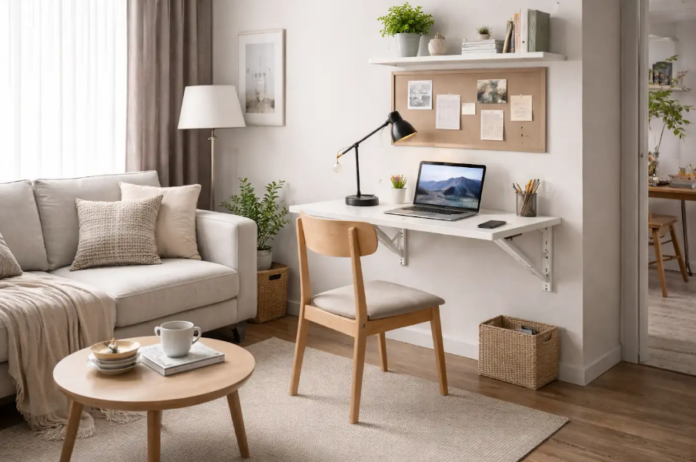 A mesa dobrável também pode ser um ponto de trabalho ou estudo na sala de estar – Foto: AI generativa