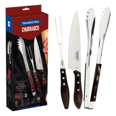 Jogo Churrasco Laminas Inox Cabo De Madeira Tratada Polywood Castanho 3Pecas