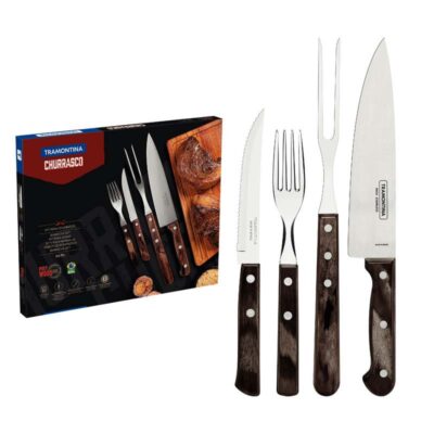 Kit Churrasco Aco Inox Cabo Castanho Polywood 14Pecas