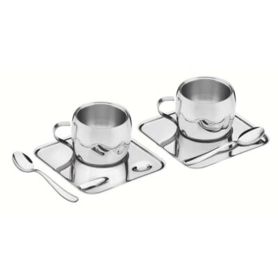 Kit Cafe Aco Inox Brilho Xicara Pires Quadrado E Colher 6Pecas