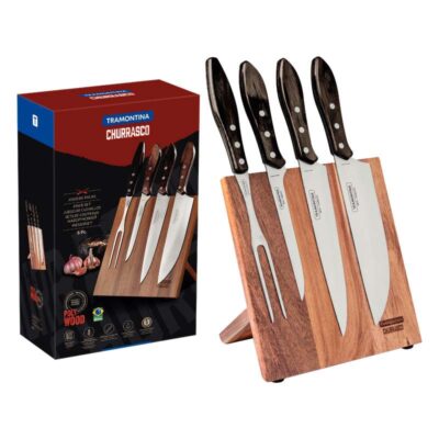 Jogo Churrasco Laminas Inox E Cabos Madeira Polywood Castanho 5Pecas