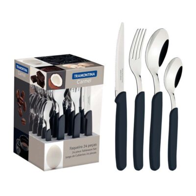 Faqueiro Carmel Laminas Aco Inox E CabosPolipropileno Natural Escuro 24Pecas
